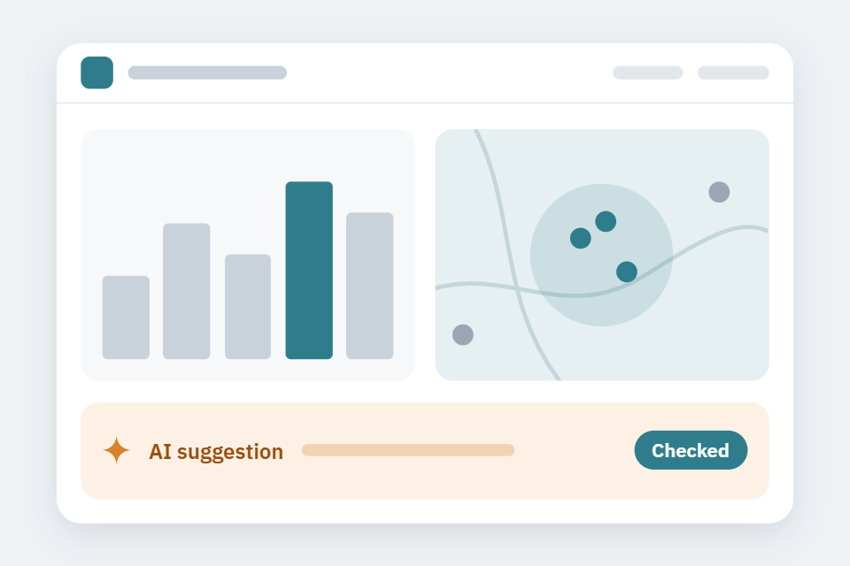 A new system’s dashboard with a chart, map and a checked AI suggestion